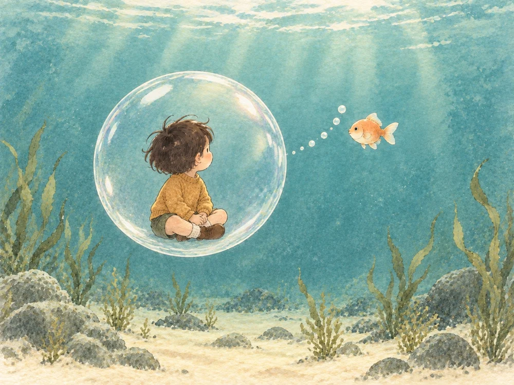 Watercolor illustration of a fictional child and goldfish from a Sobok sample picture book
